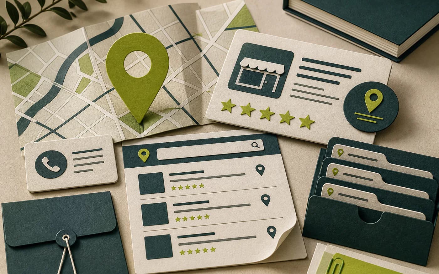 Local SEO dossier with map, business profile, searches, and reviews