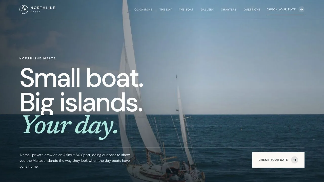 Landing page e Northline Malta për charter privat mbi një pamje lundrimi