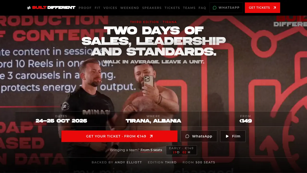 Landing page e Built Different 3.0 me pamje nga skena, datat e eventit dhe thirrjen për biletat